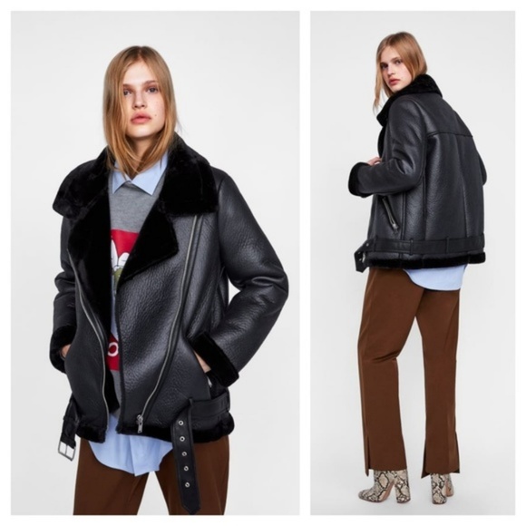 shearling biker jacket zara